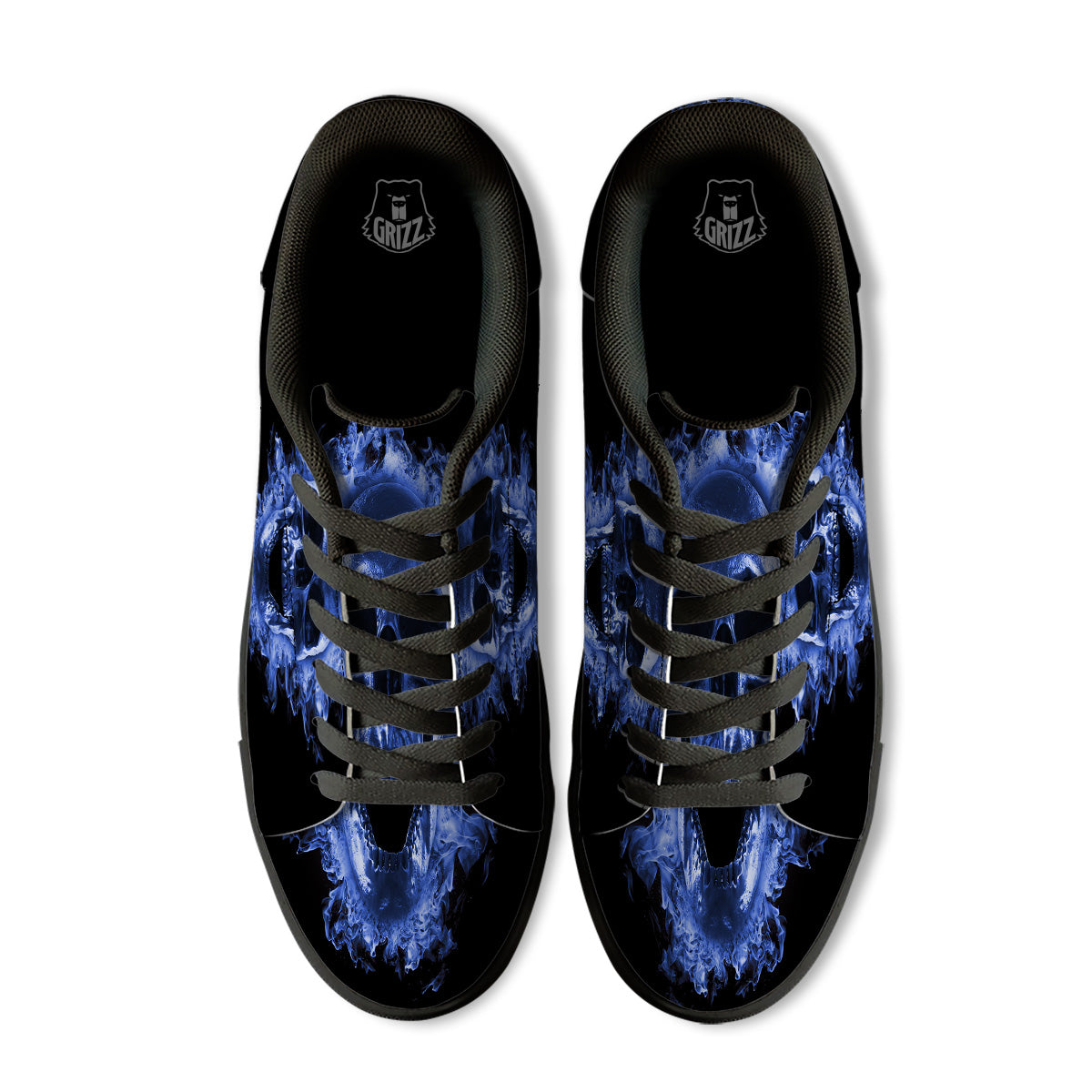 Blue Flaming Skull Print Black Low Top Sneakers-grizzshop