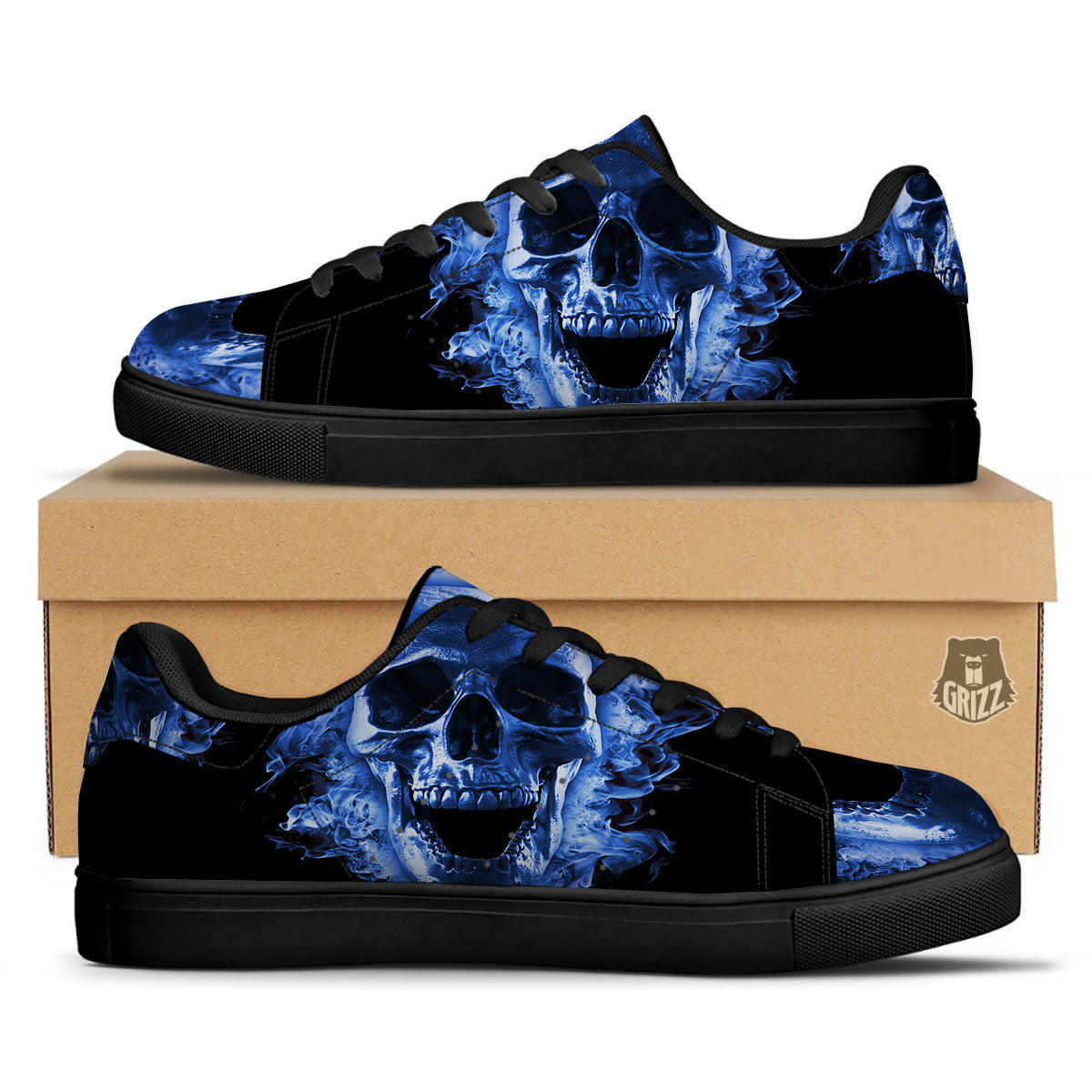 Blue Flaming Skull Print Black Low Top Sneakers-grizzshop