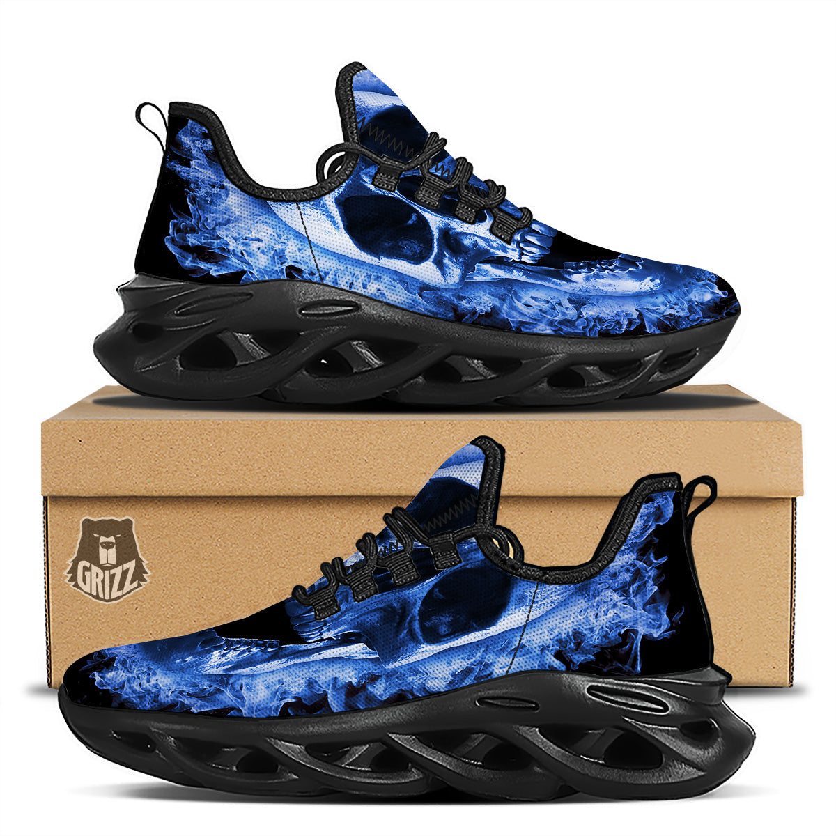 Blue Flaming Skull Print Black Running Shoes-grizzshop
