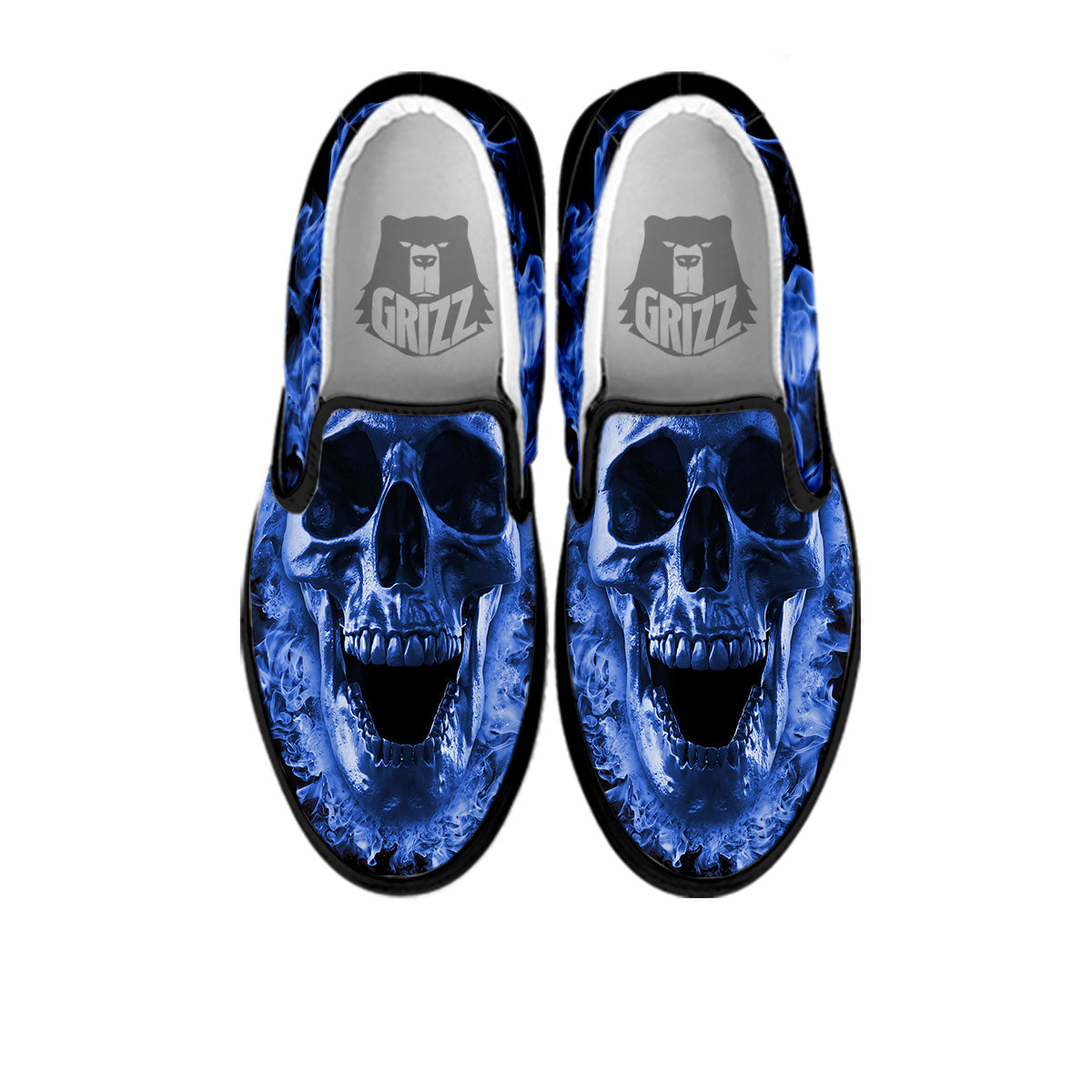 Blue Flaming Skull Print Black Slip On Shoes-grizzshop