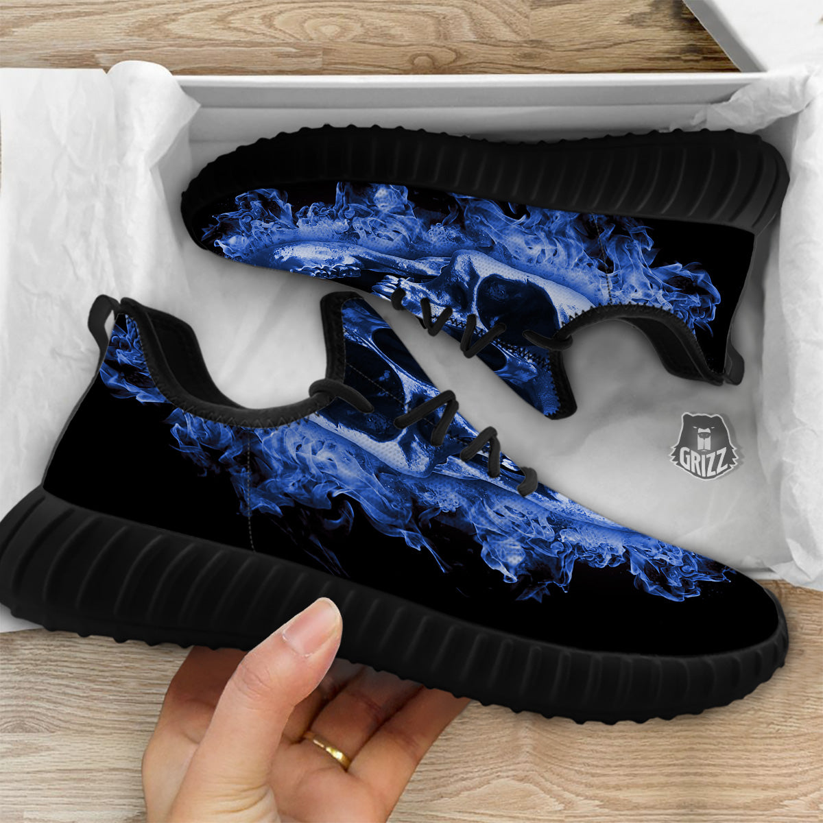 Blue Flaming Skull Print Black Walking Shoes-grizzshop