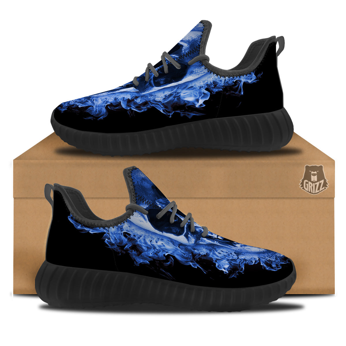 Blue Flaming Skull Print Black Walking Shoes-grizzshop
