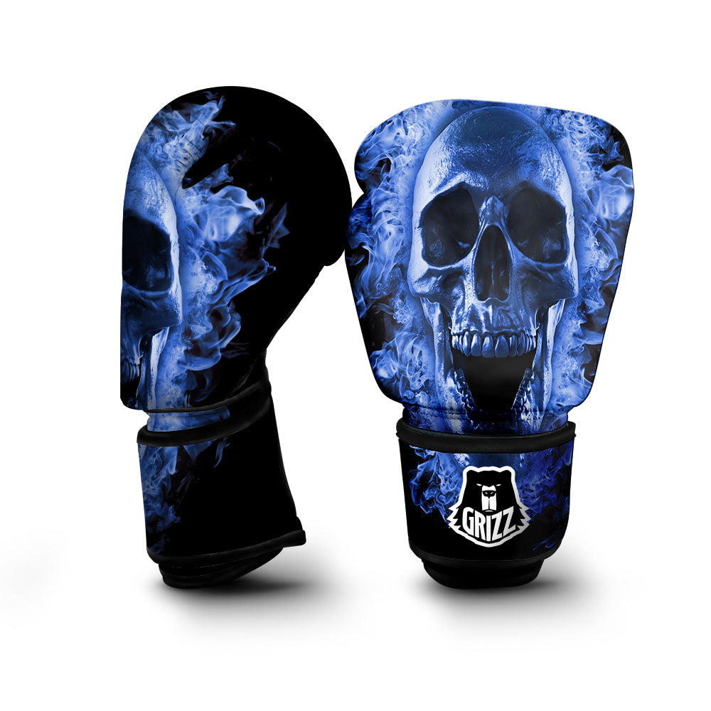 Blue Flaming Skull Print Boxing Gloves-grizzshop