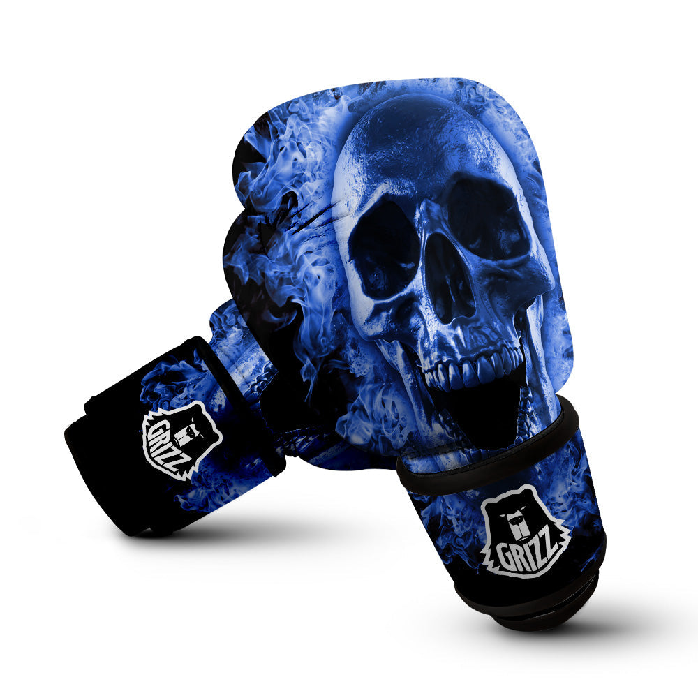 Blue Flaming Skull Print Boxing Gloves-grizzshop