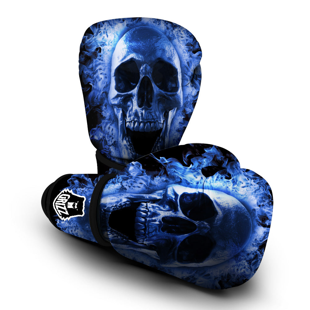 Blue Flaming Skull Print Boxing Gloves-grizzshop