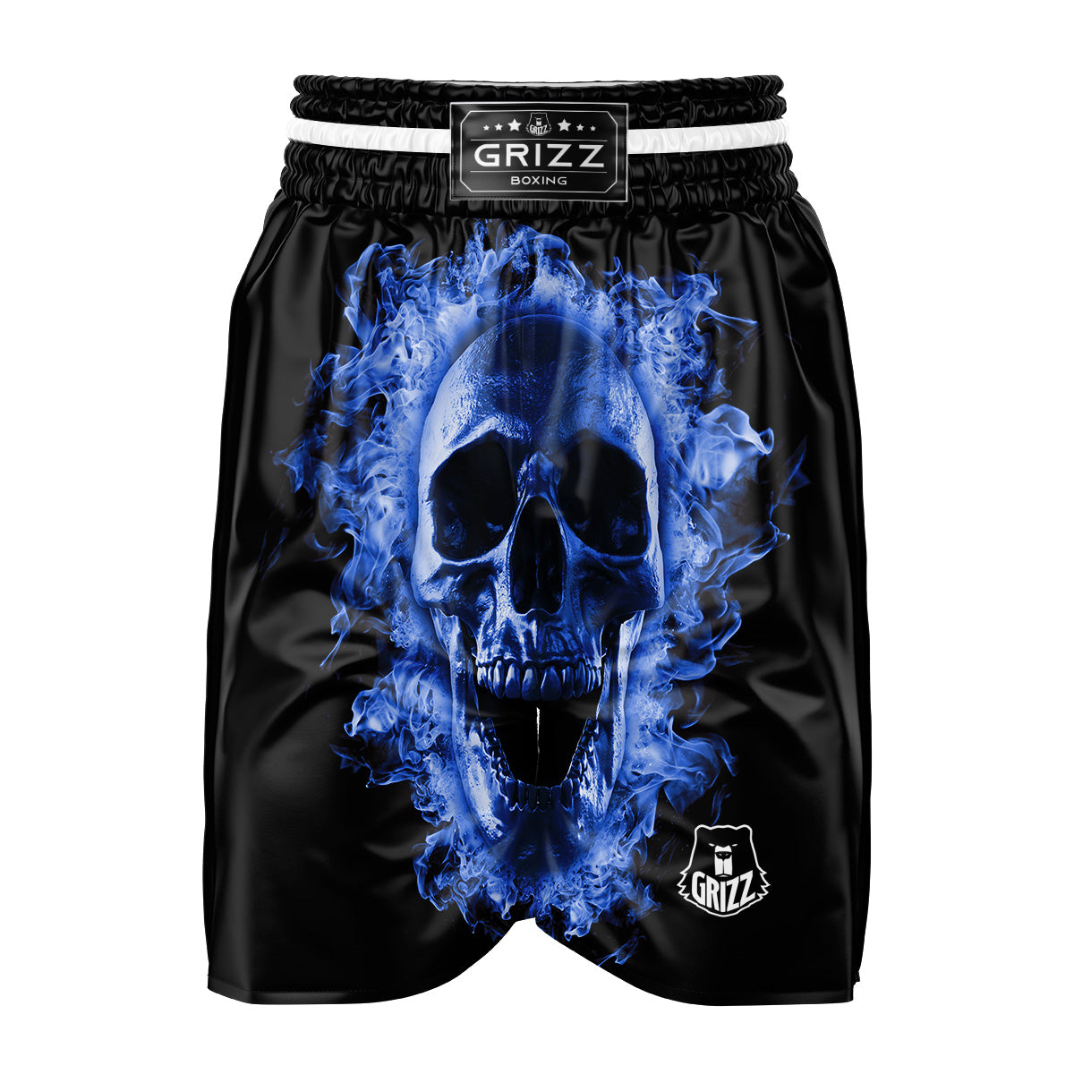Blue Flaming Skull Print Boxing Shorts-grizzshop
