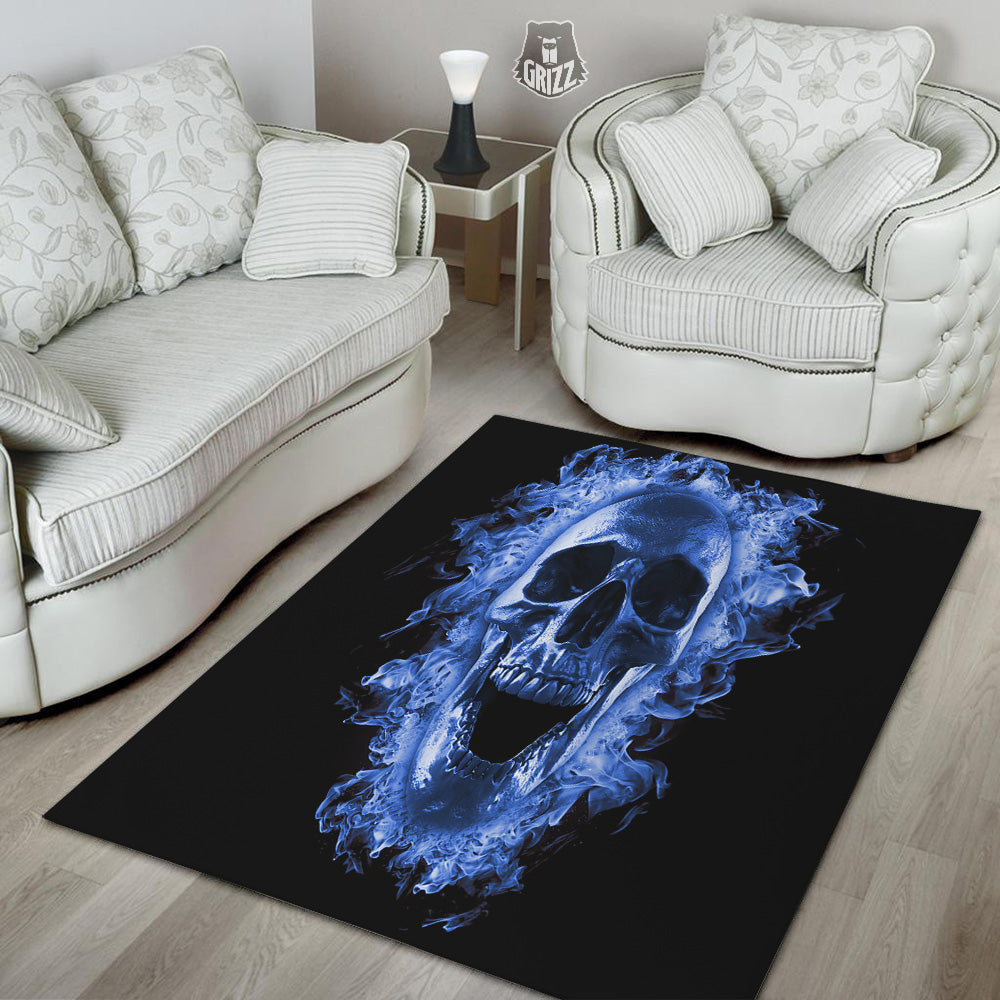 Blue Flaming Skull Print Floor Mat-grizzshop