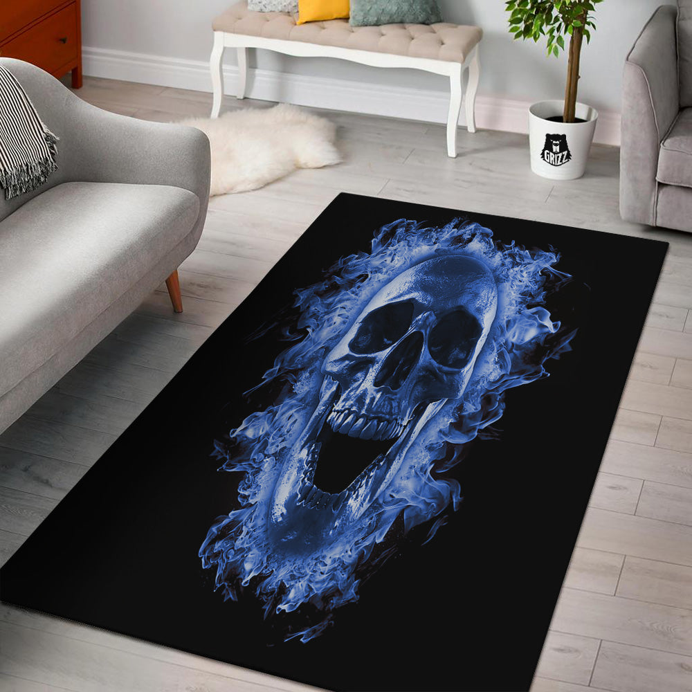 Blue Flaming Skull Print Floor Mat-grizzshop