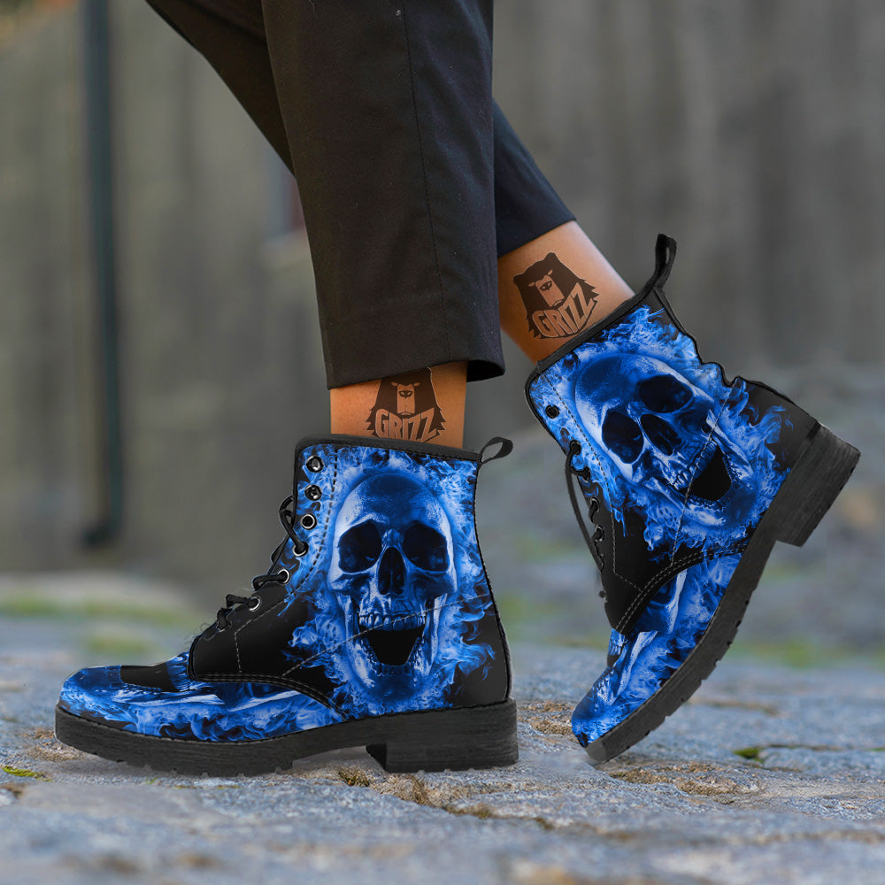 Blue Flaming Skull Print Leather Boots-grizzshop