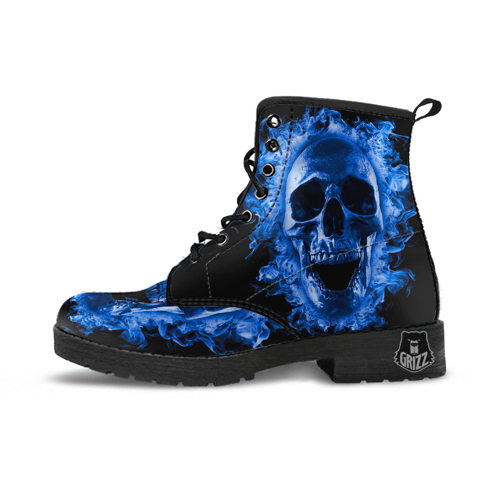 Blue Flaming Skull Print Leather Boots-grizzshop