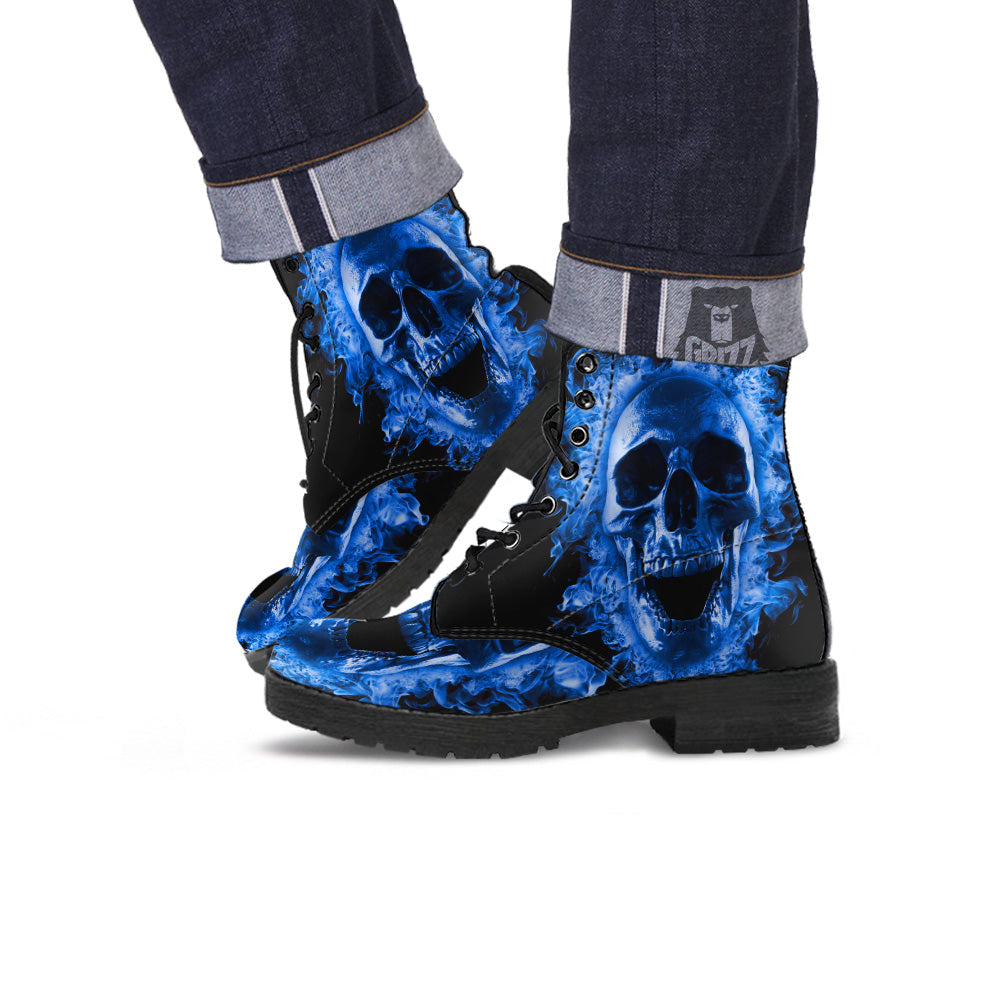 Blue Flaming Skull Print Leather Boots-grizzshop