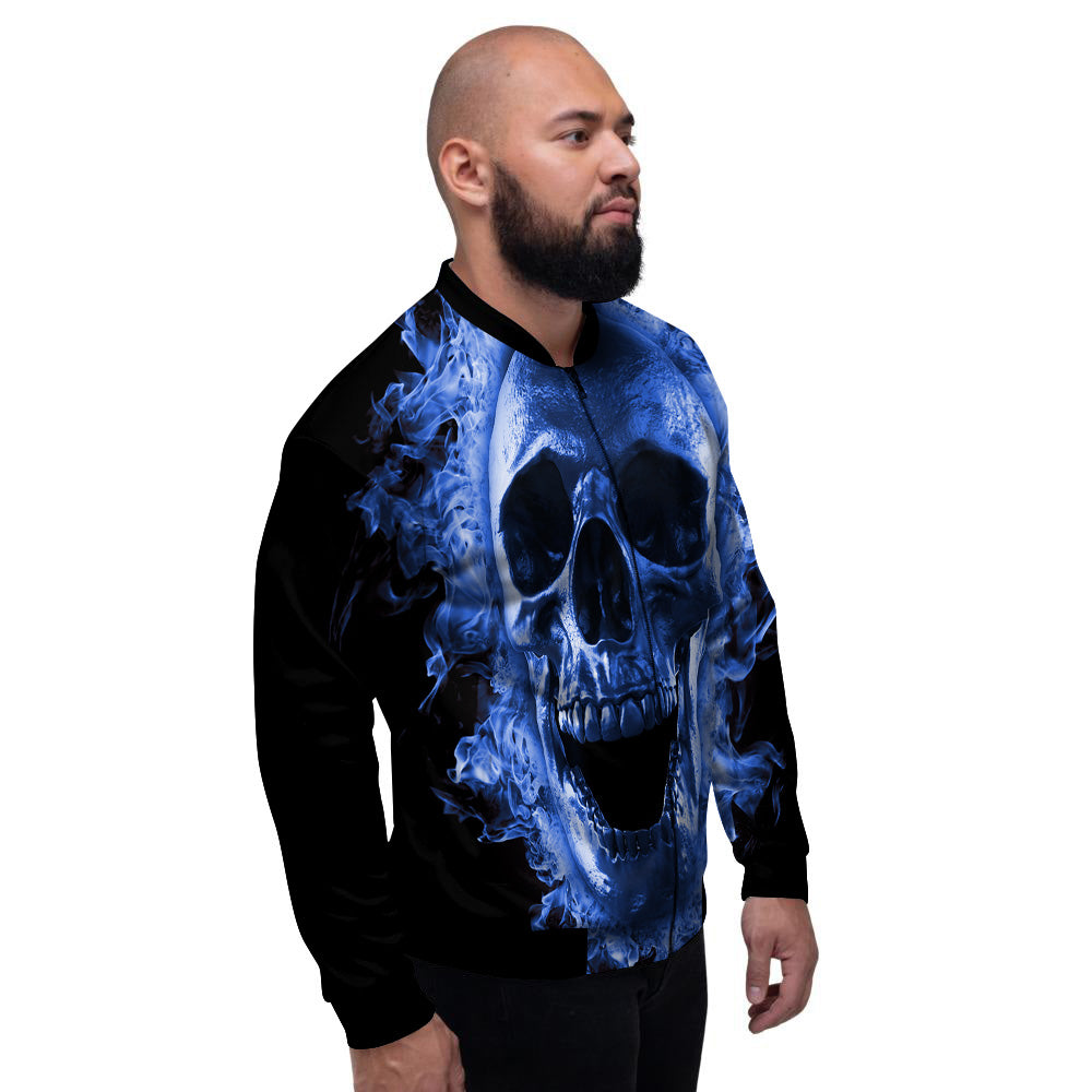 Blue Flaming Skull Print Men's Bomber Jacket-grizzshop