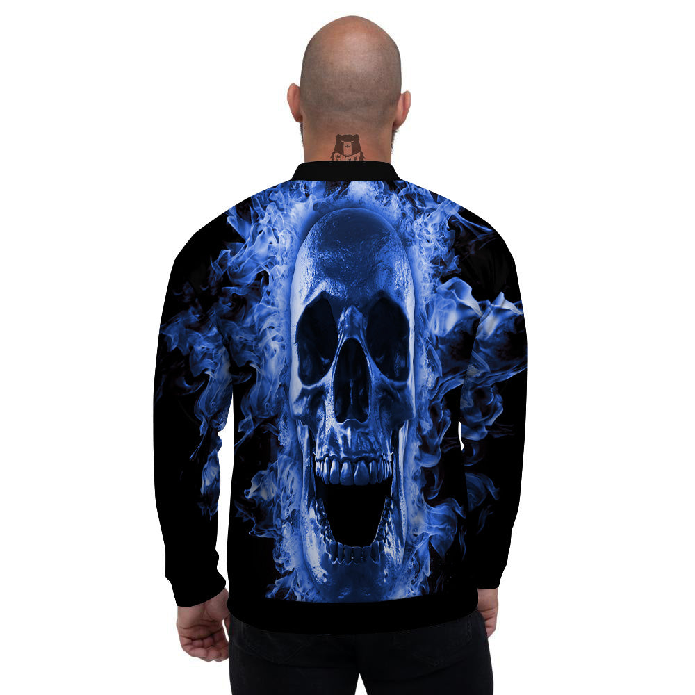 Blue Flaming Skull Print Men's Bomber Jacket-grizzshop