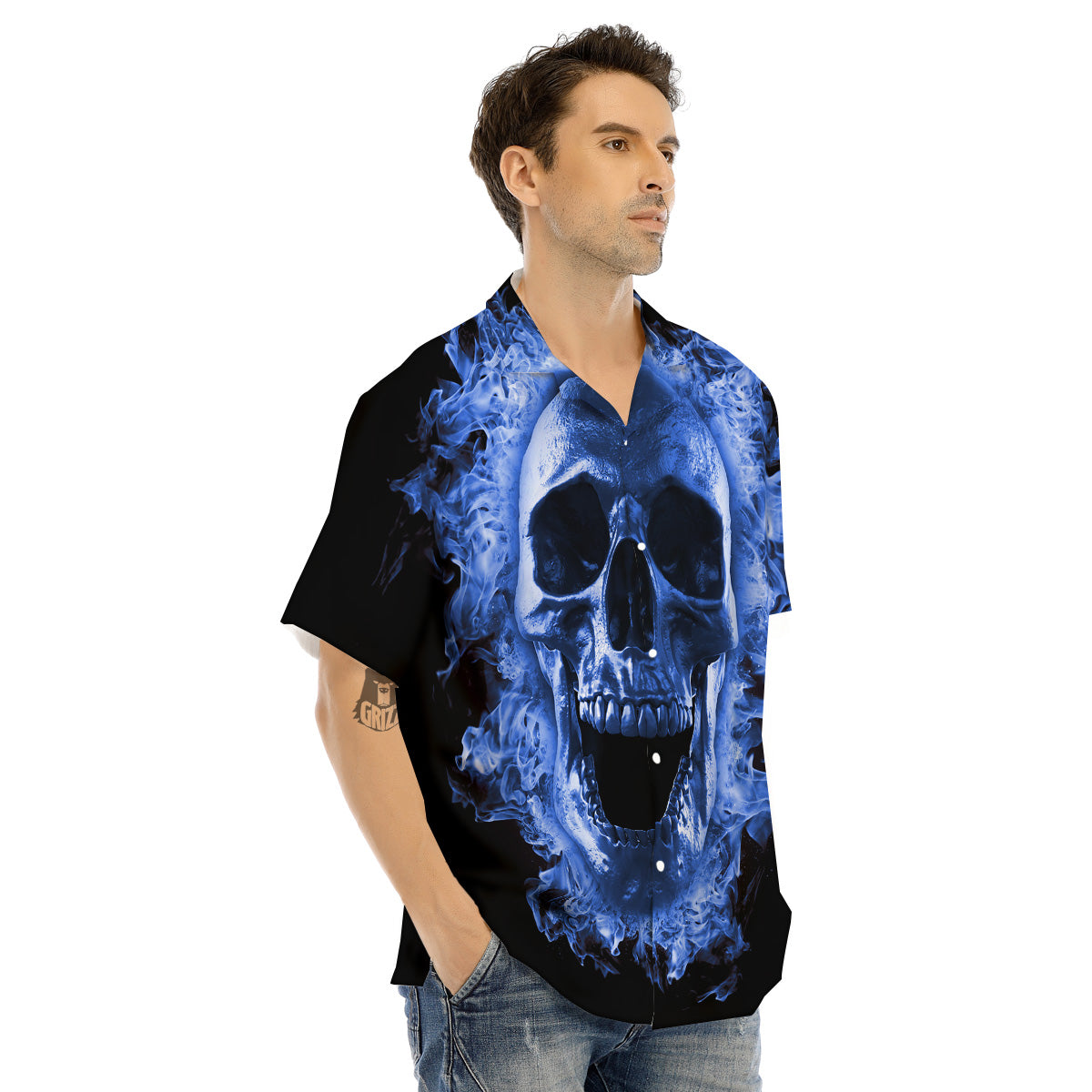 Blue Flaming Skull Print Men's Hawaiian Shirt-grizzshop