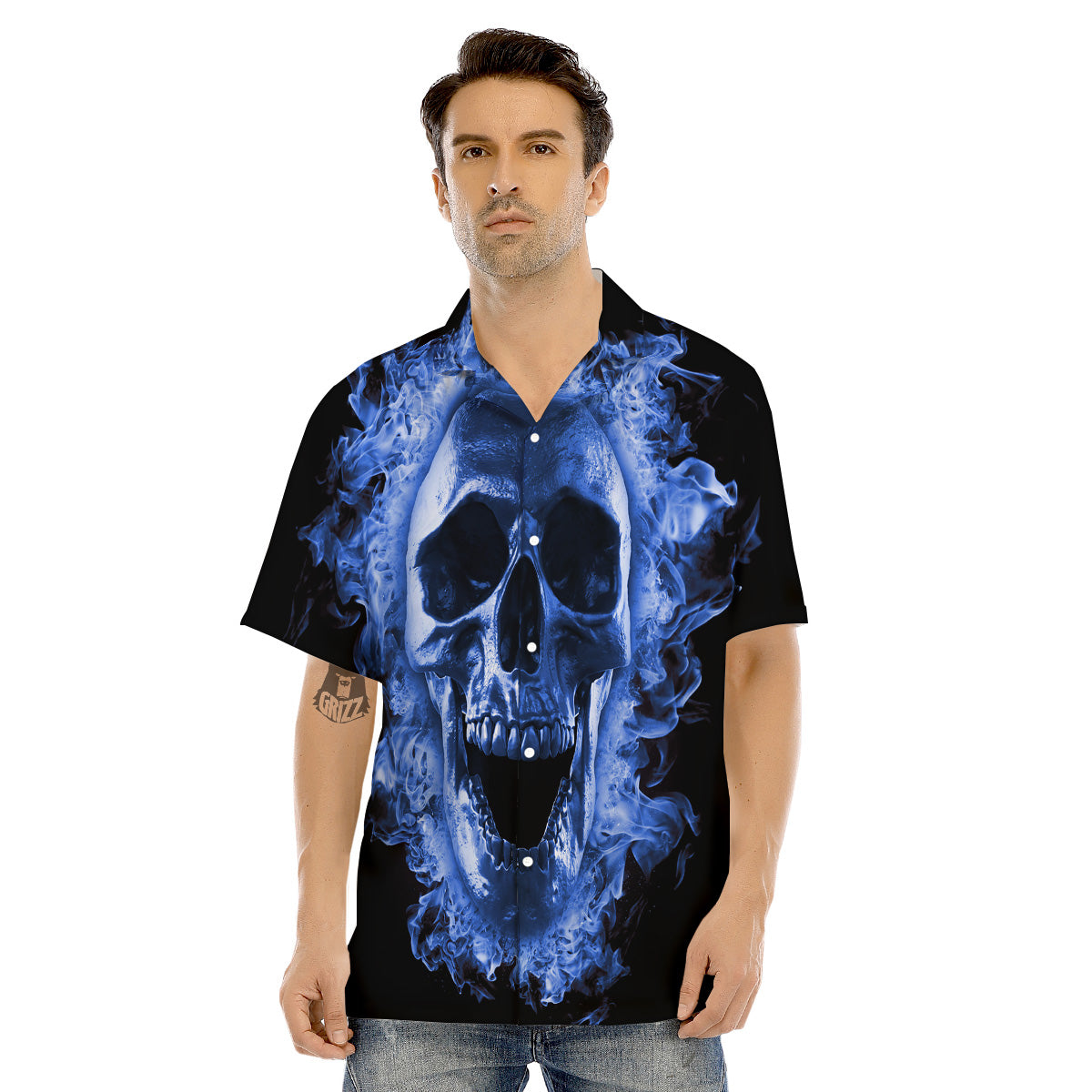 Blue Flaming Skull Print Men's Hawaiian Shirt-grizzshop