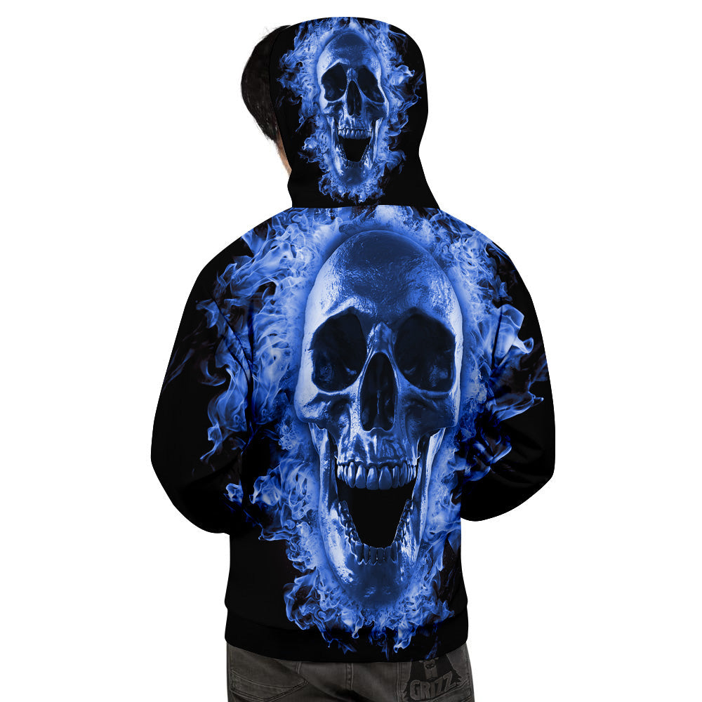 Blue Flaming Skull Print Men's Hoodie-grizzshop