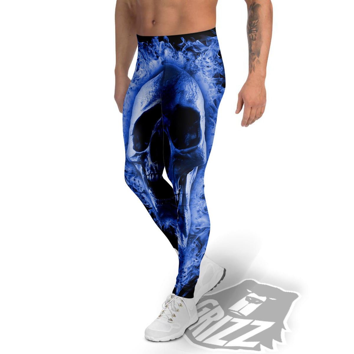 Blue Flaming Skull Print Men's Leggings-grizzshop