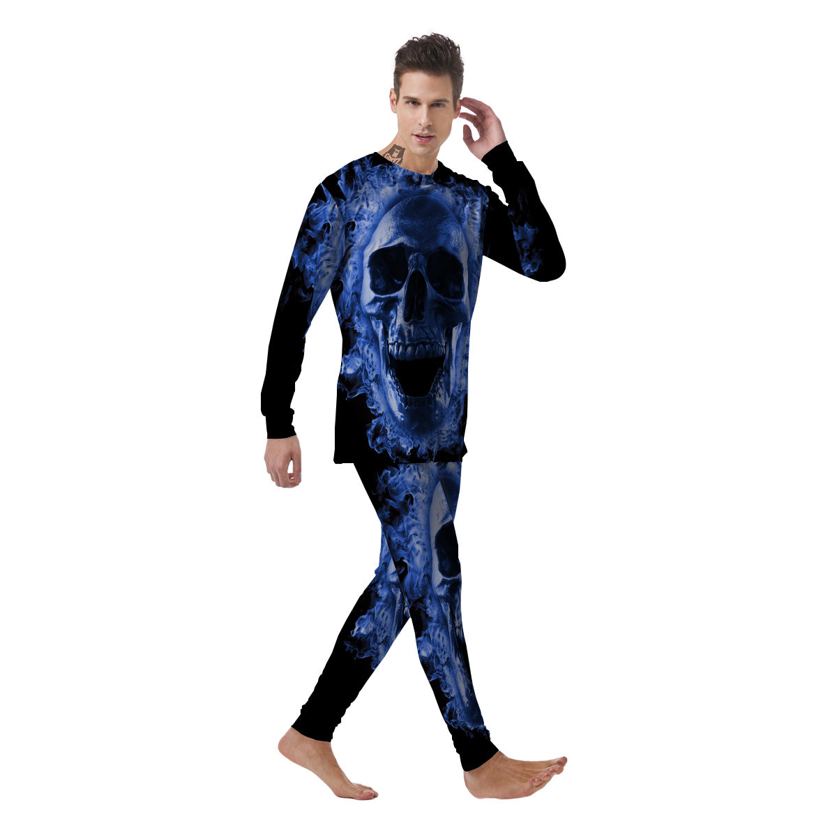 Blue Flaming Skull Print Men's Pajamas-grizzshop