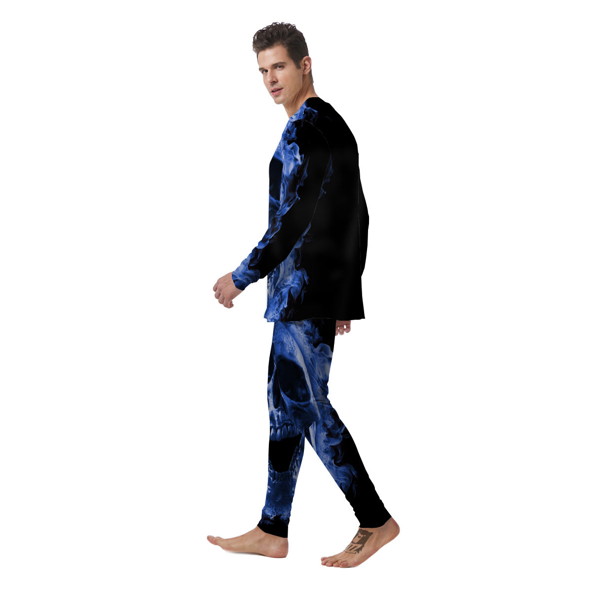 Blue Flaming Skull Print Men's Pajamas-grizzshop