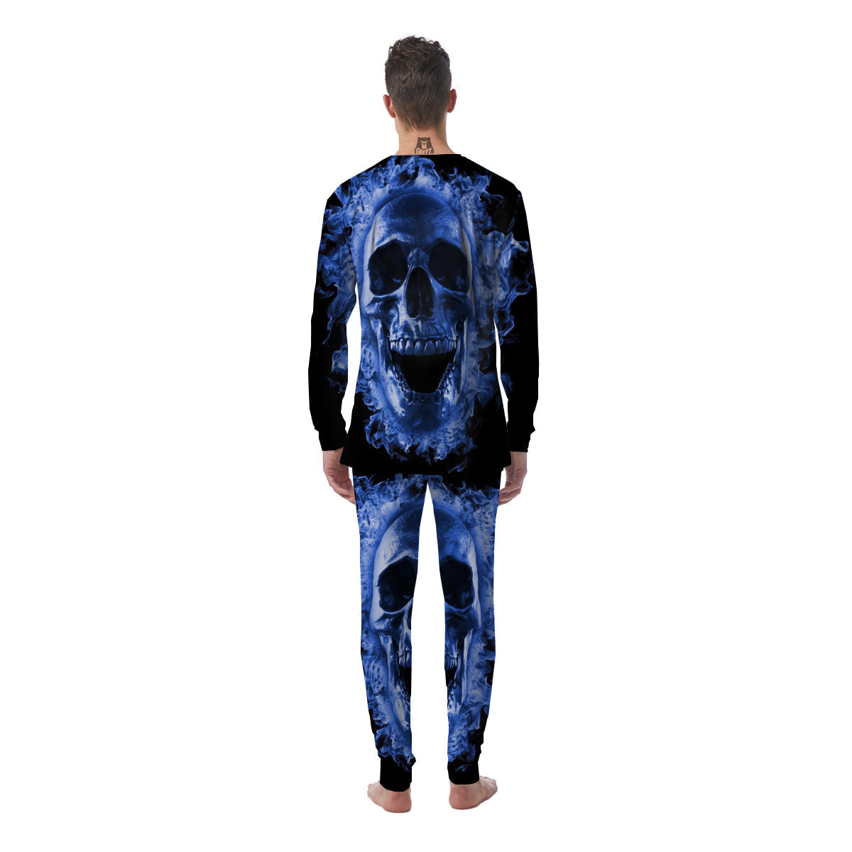 Blue Flaming Skull Print Men's Pajamas-grizzshop