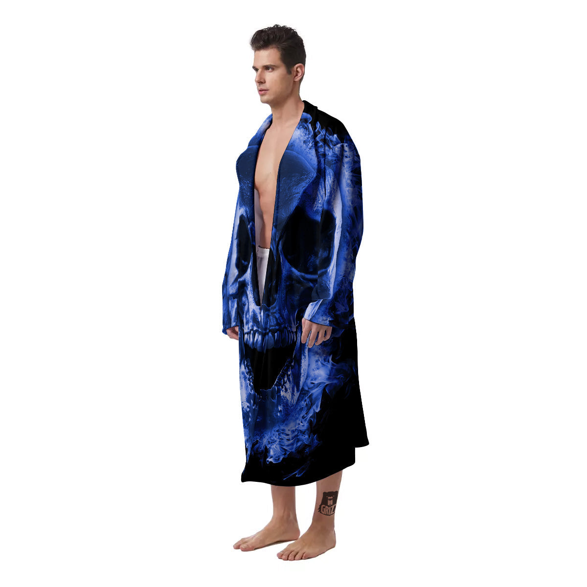 Blue Flaming Skull Print Men's Robe-grizzshop