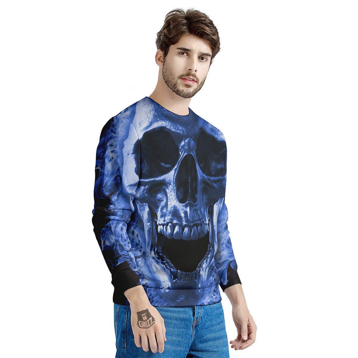 Blue Flaming Skull Print Men's Sweatshirt-grizzshop