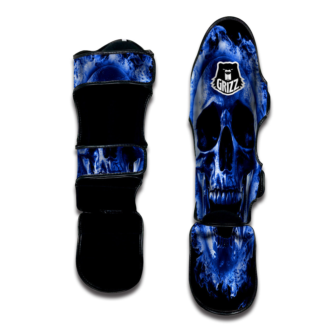Blue Flaming Skull Print Muay Thai Shin Guards-grizzshop