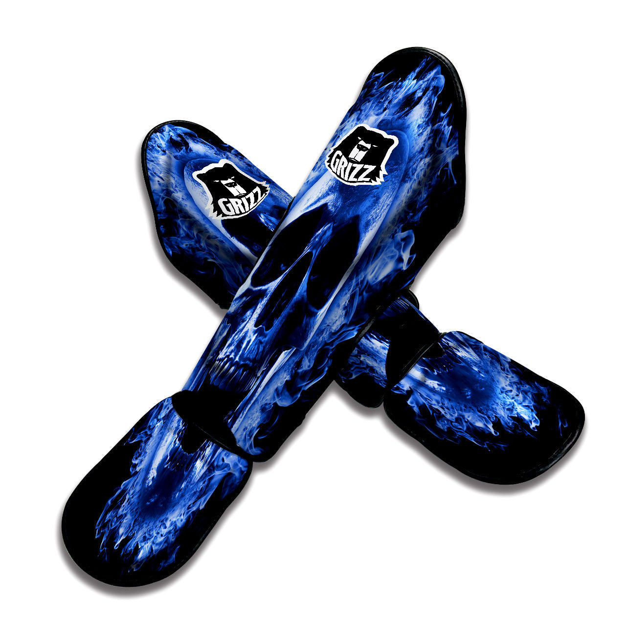 Blue Flaming Skull Print Muay Thai Shin Guards-grizzshop