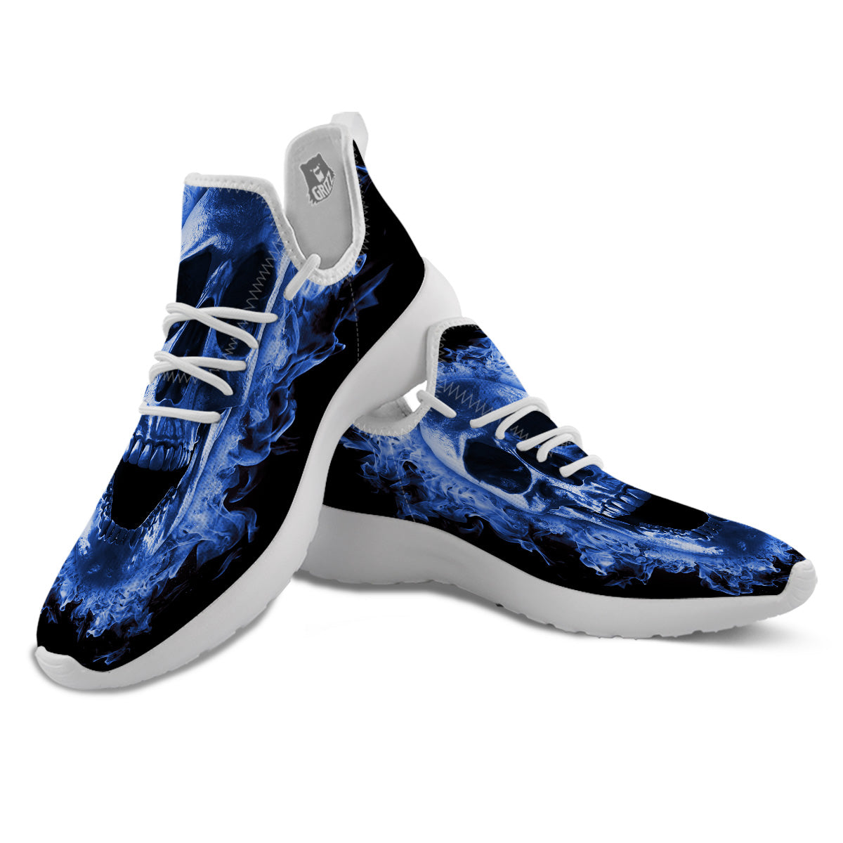 Blue Flaming Skull Print White Athletic Shoes-grizzshop