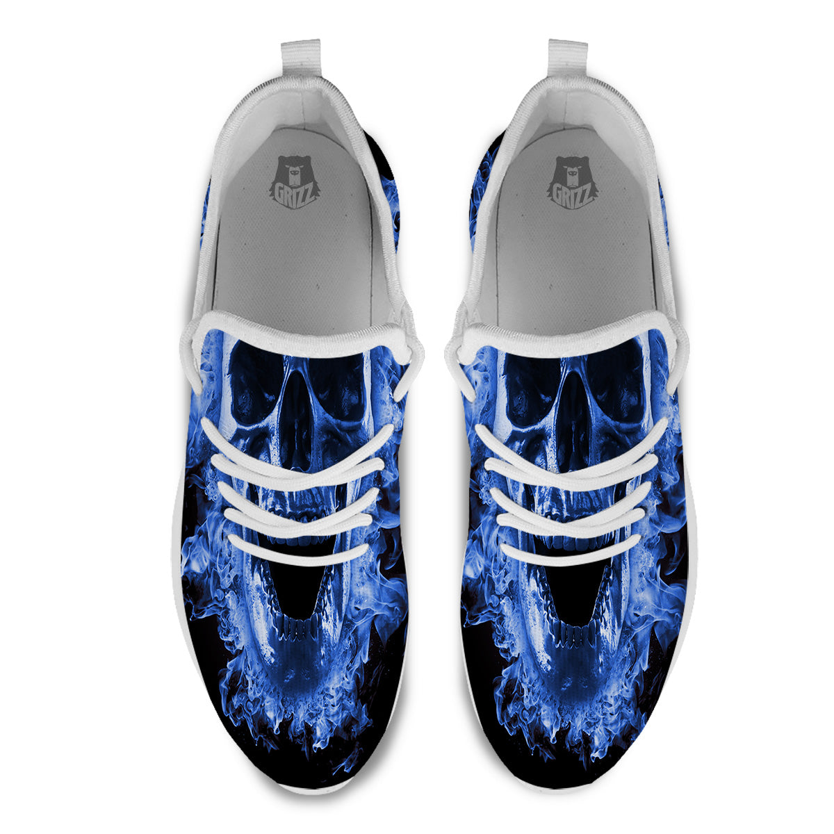 Blue Flaming Skull Print White Athletic Shoes-grizzshop