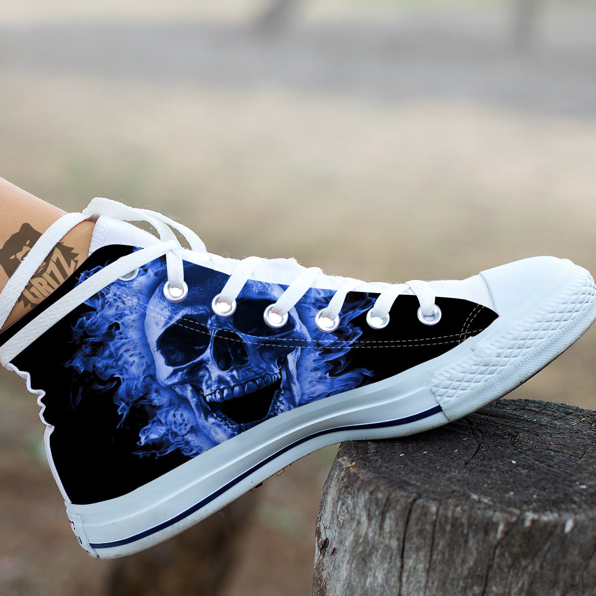 Blue Flaming Skull Print White High Top Shoes-grizzshop