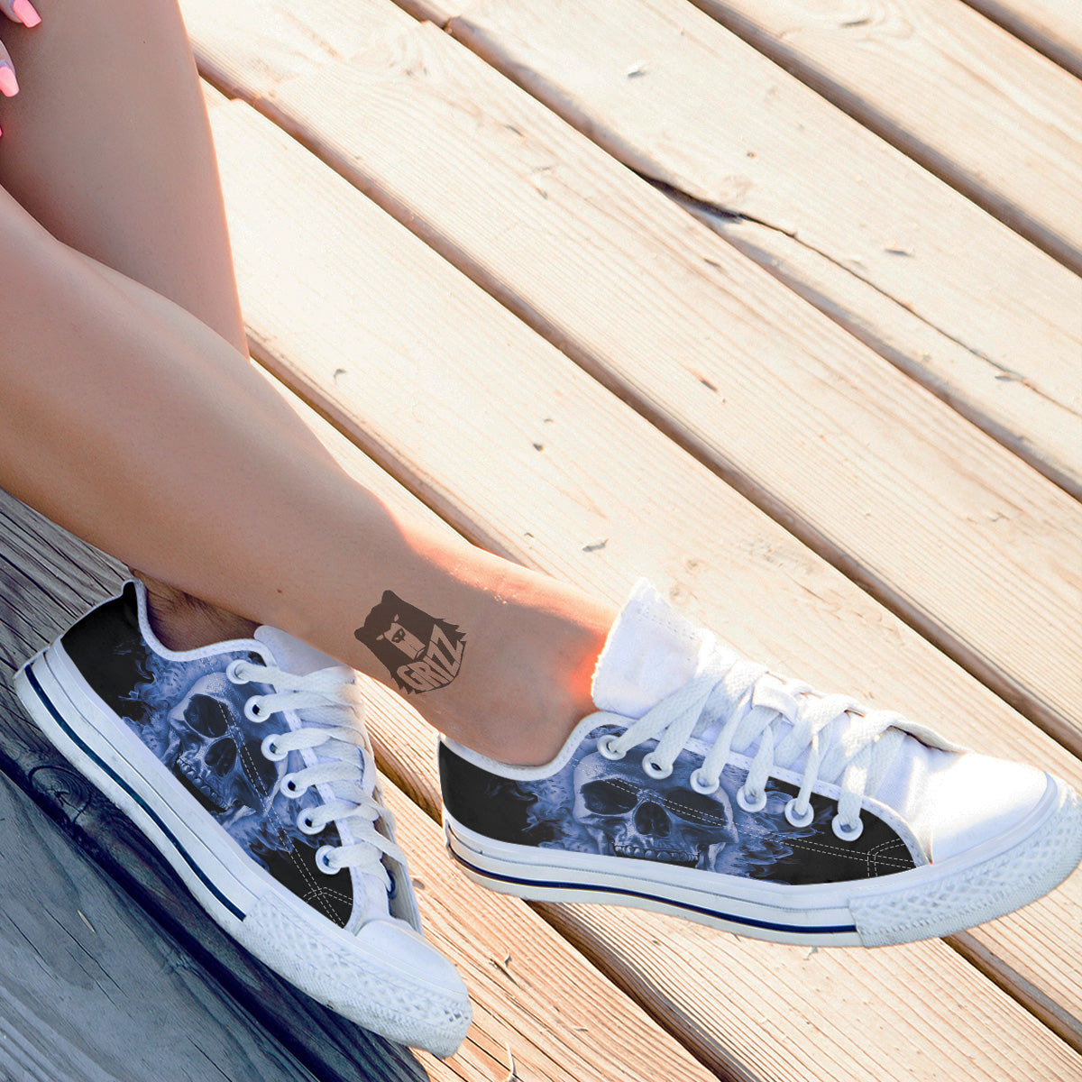 Blue Flaming Skull Print White Low Top Shoes-grizzshop