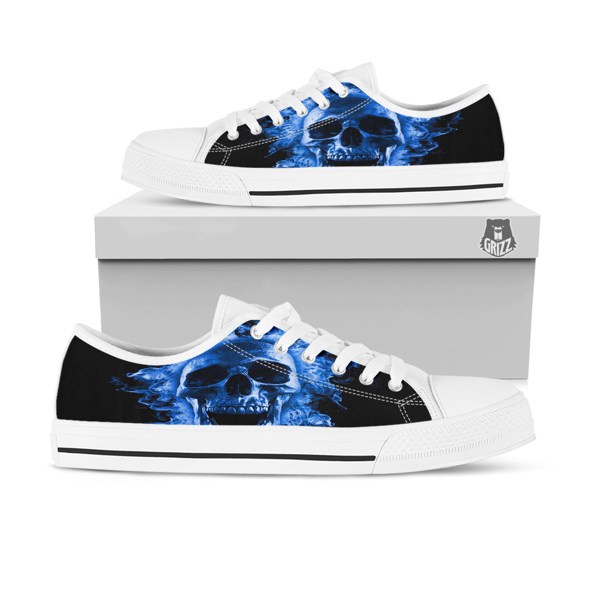 Blue Flaming Skull Print White Low Top Shoes-grizzshop