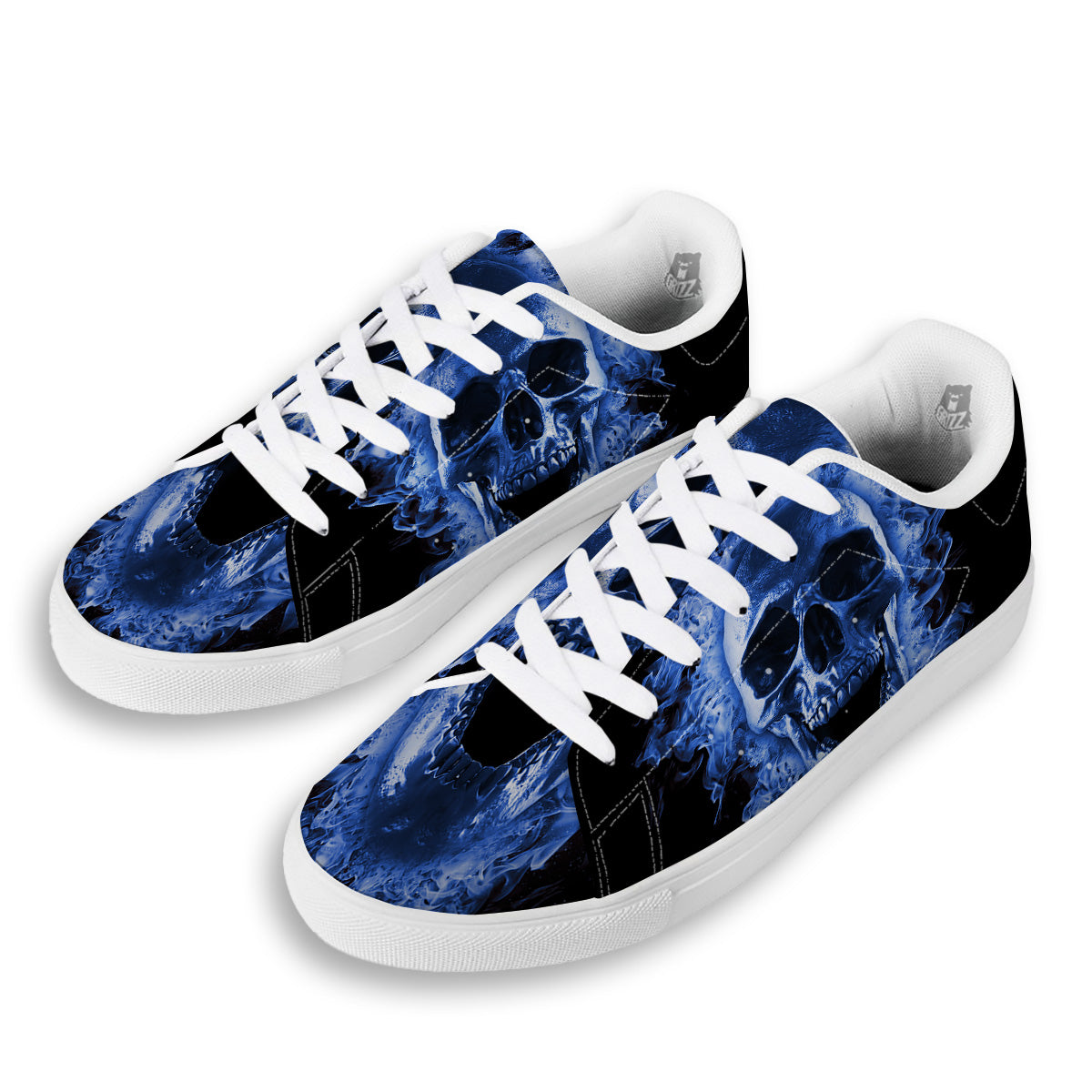 Blue Flaming Skull Print White Low Top Sneakers-grizzshop