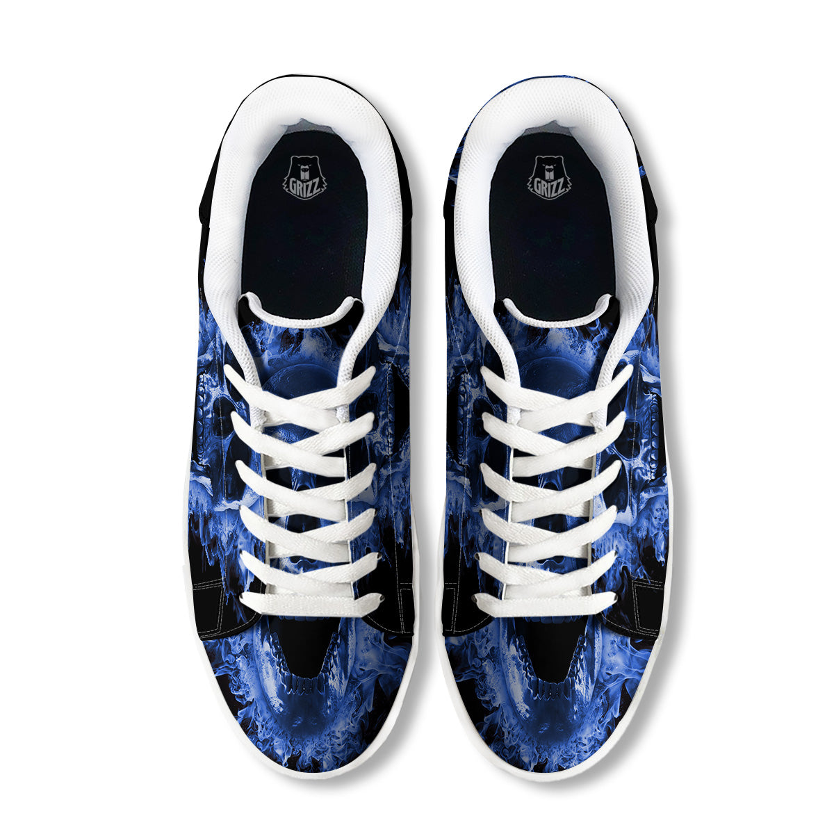 Blue Flaming Skull Print White Low Top Sneakers-grizzshop