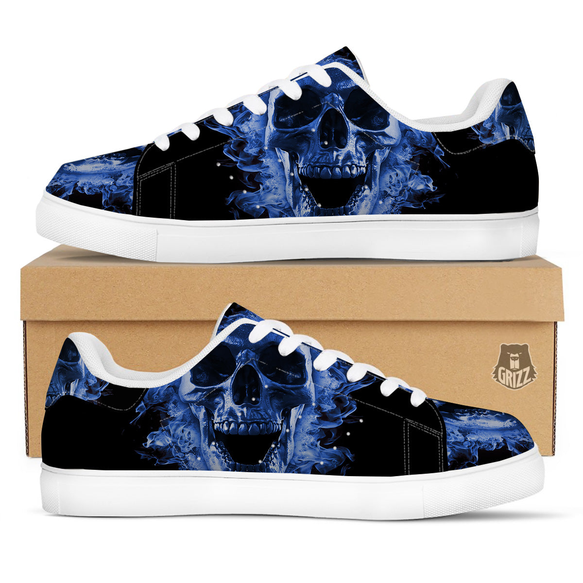 Blue Flaming Skull Print White Low Top Sneakers-grizzshop