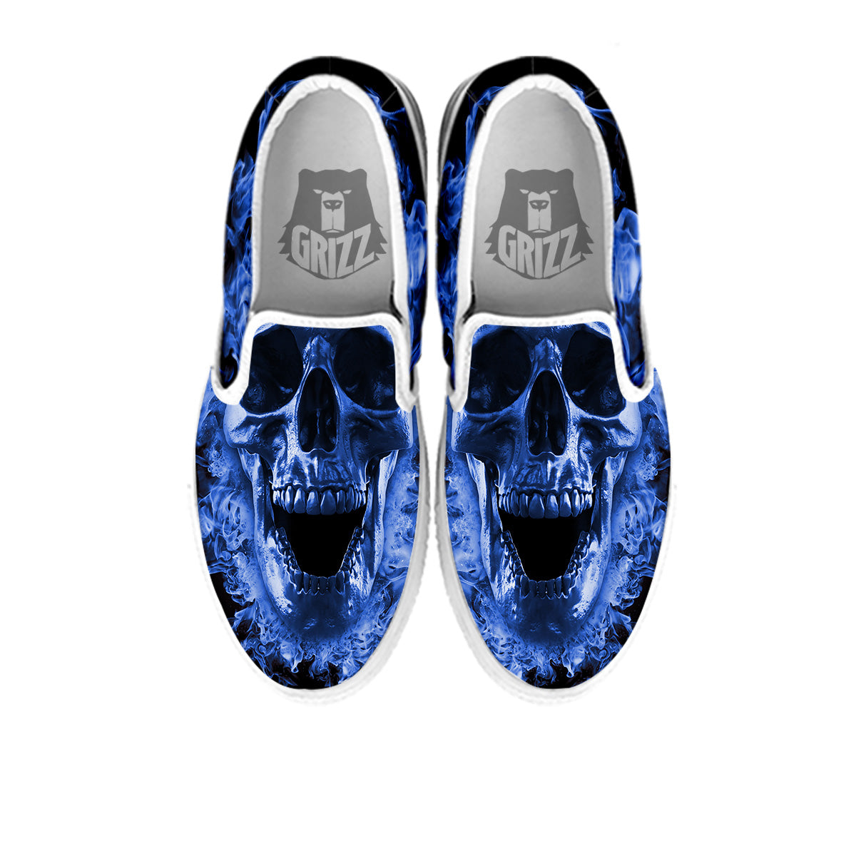Blue Flaming Skull Print White Slip On Shoes-grizzshop