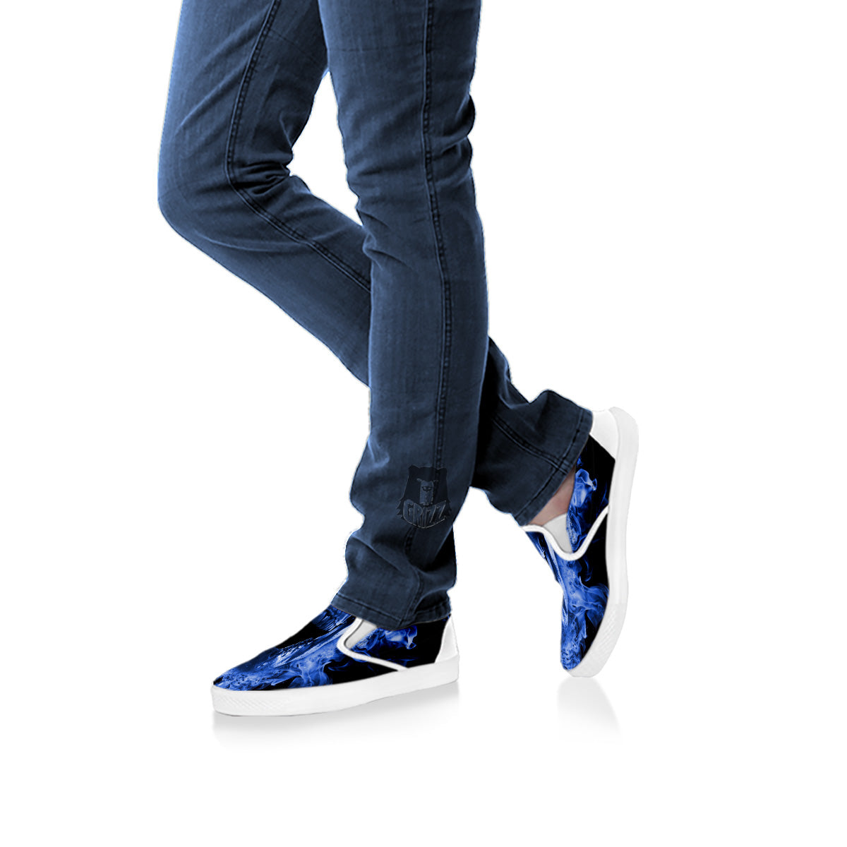 Blue Flaming Skull Print White Slip On Shoes-grizzshop