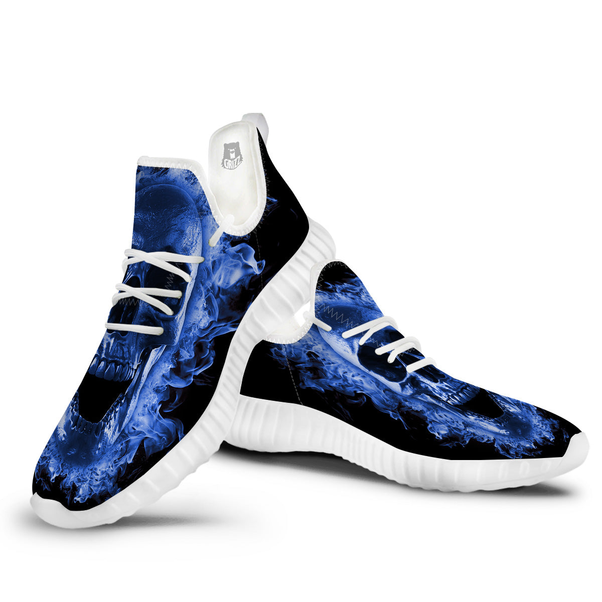 Blue Flaming Skull Print White Walking Shoes-grizzshop