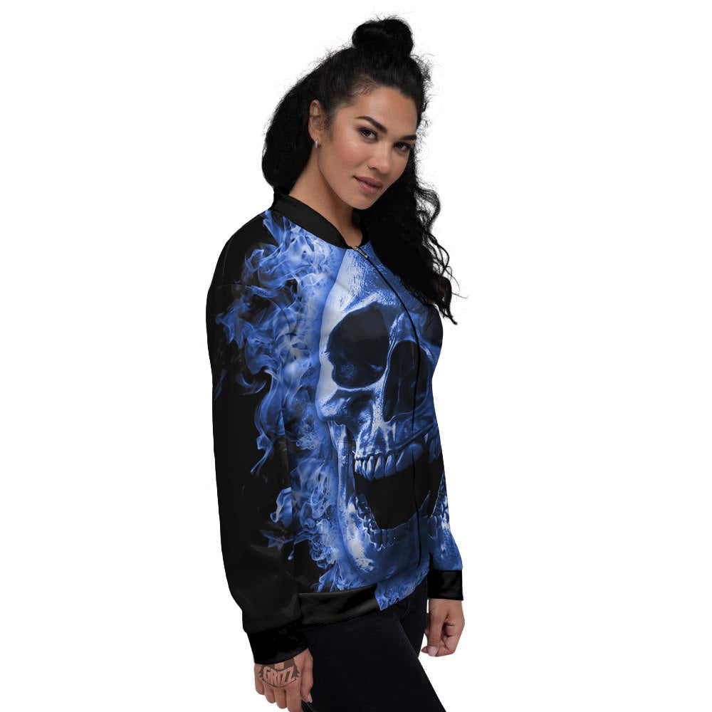 Blue Flaming Skull Print Women's Bomber Jacket-grizzshop
