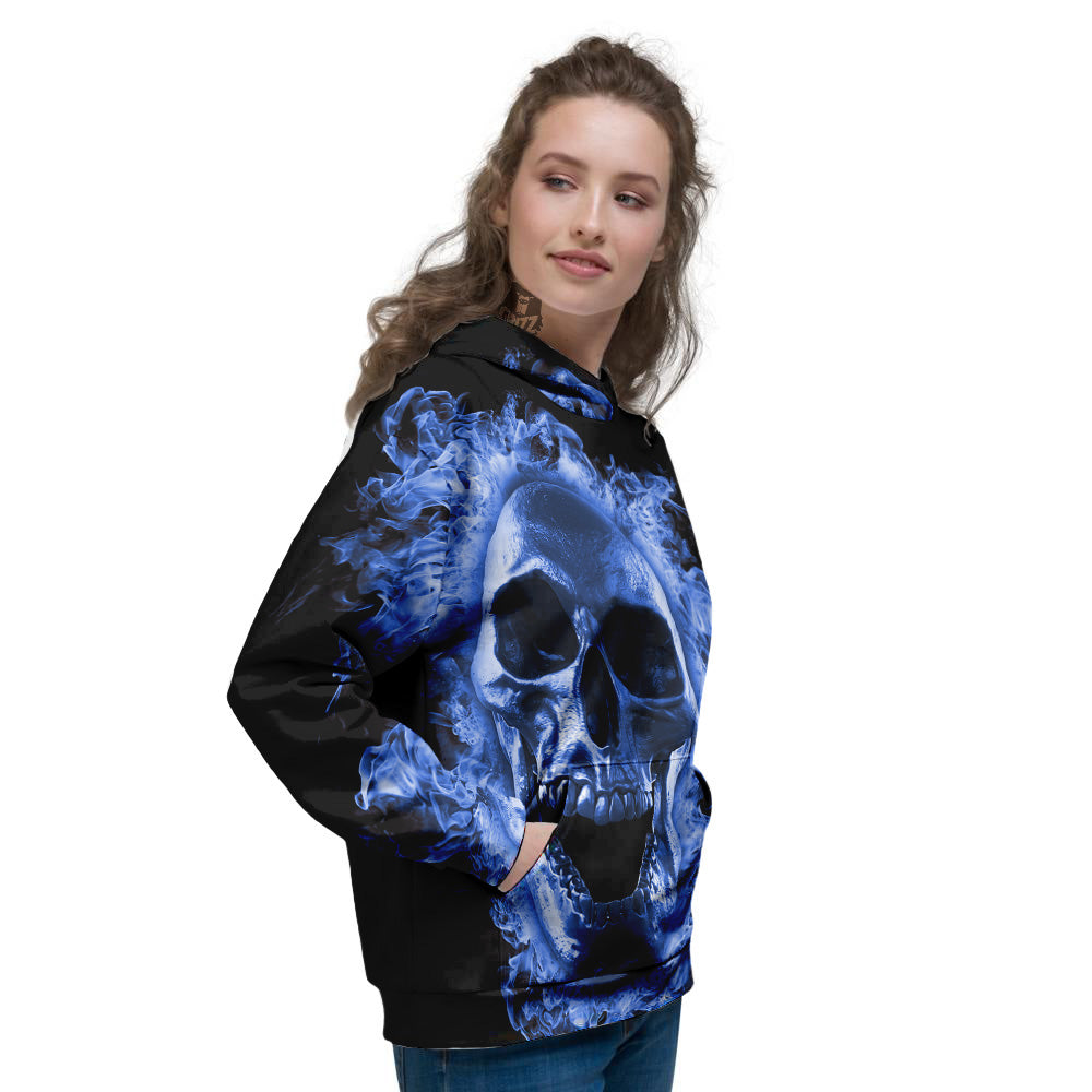 Blue Flaming Skull Print Women's Hoodie-grizzshop