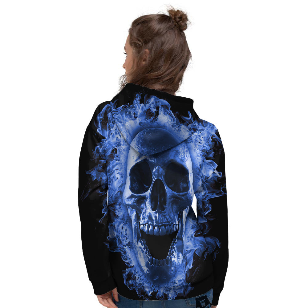Blue Flaming Skull Print Women's Hoodie-grizzshop