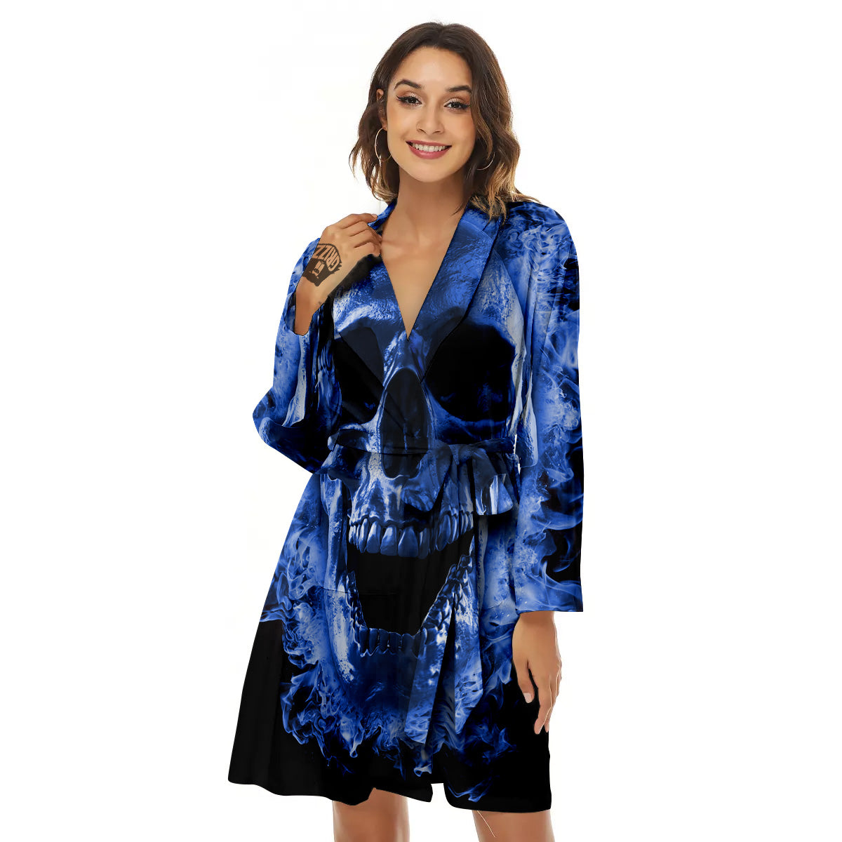 Blue Flaming Skull Print Women's Robe-grizzshop