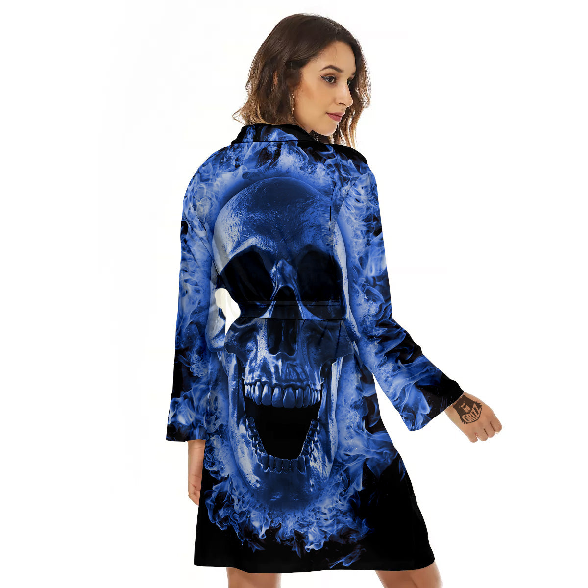 Blue Flaming Skull Print Women's Robe-grizzshop