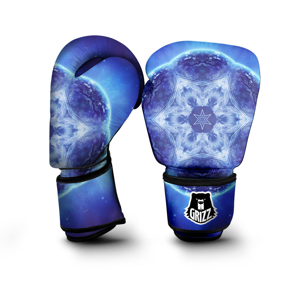 Blue Fractal Kaleidoscope Print Boxing Gloves-grizzshop
