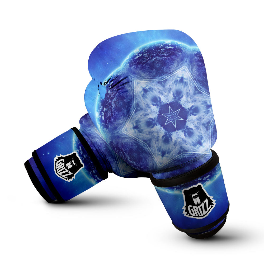 Blue Fractal Kaleidoscope Print Boxing Gloves-grizzshop