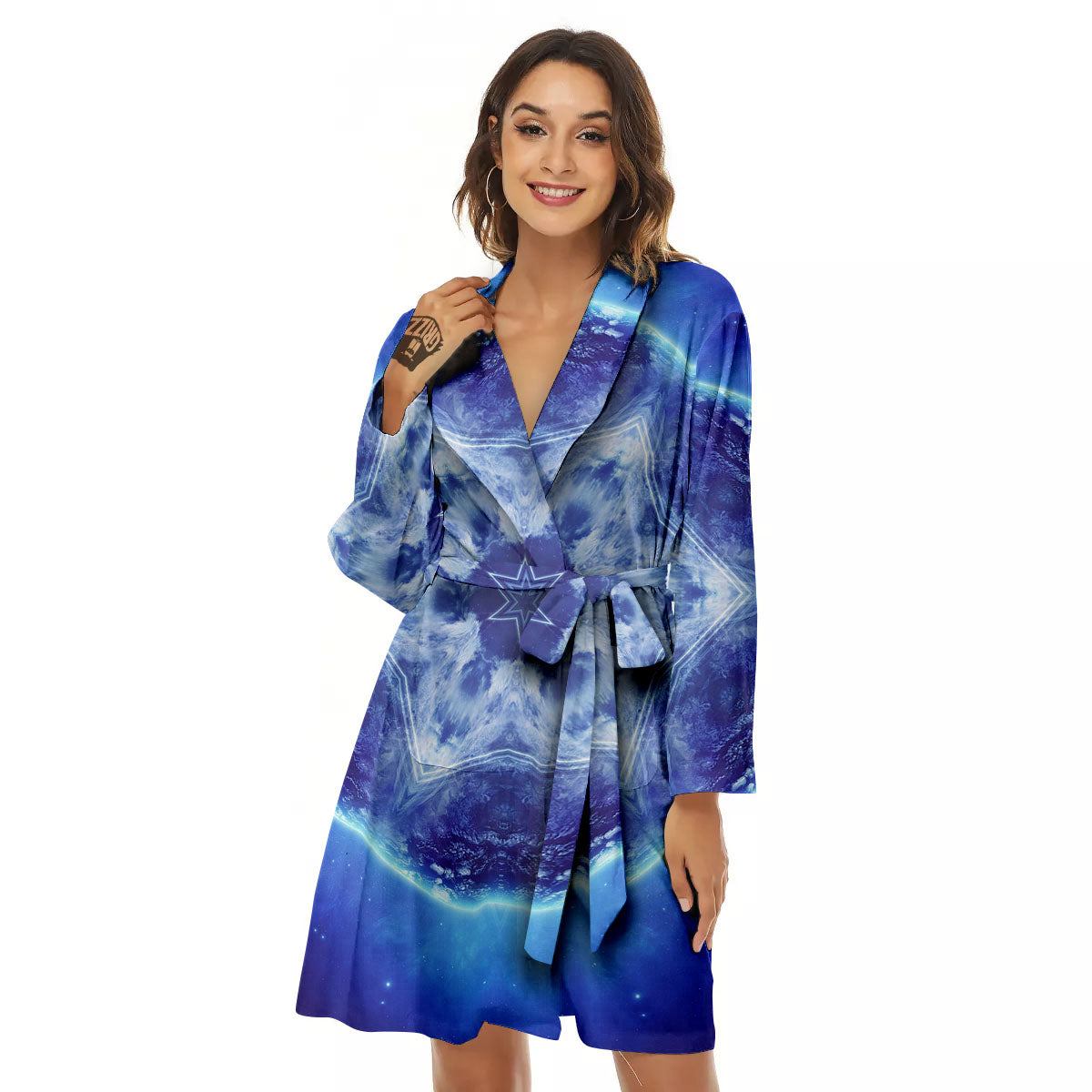 Blue Fractal Kaleidoscope Print Women's Robe-grizzshop