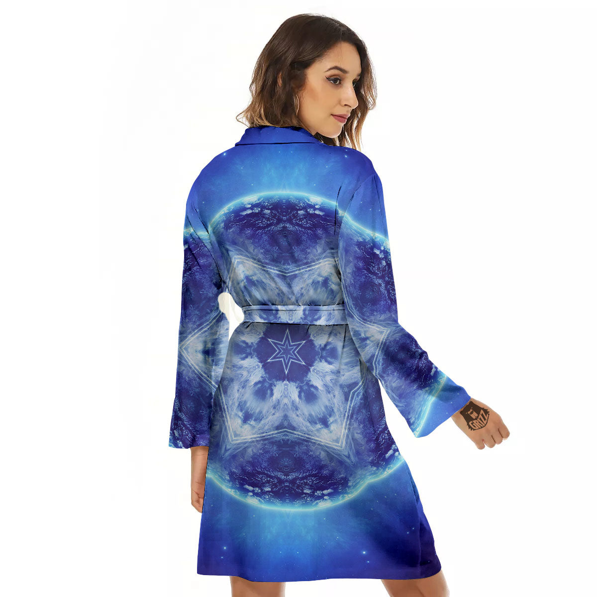 Blue Fractal Kaleidoscope Print Women's Robe-grizzshop