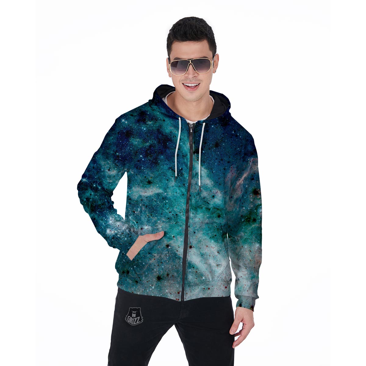 Blue Galaxy Space Men's Zip Up Hoodie-grizzshop