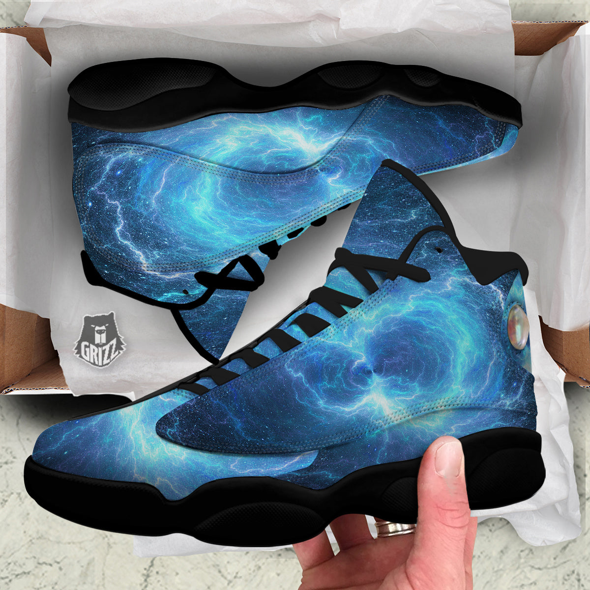 Blue Glowing Giant Lightning In Space Print Black Basketball Shoes-grizzshop